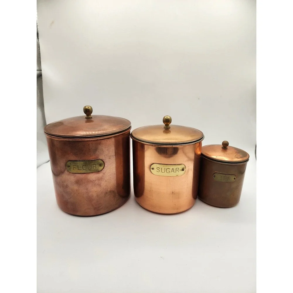 Vintage Copper Kitchen Canister Set Flour Sugar Tea Brass Labels